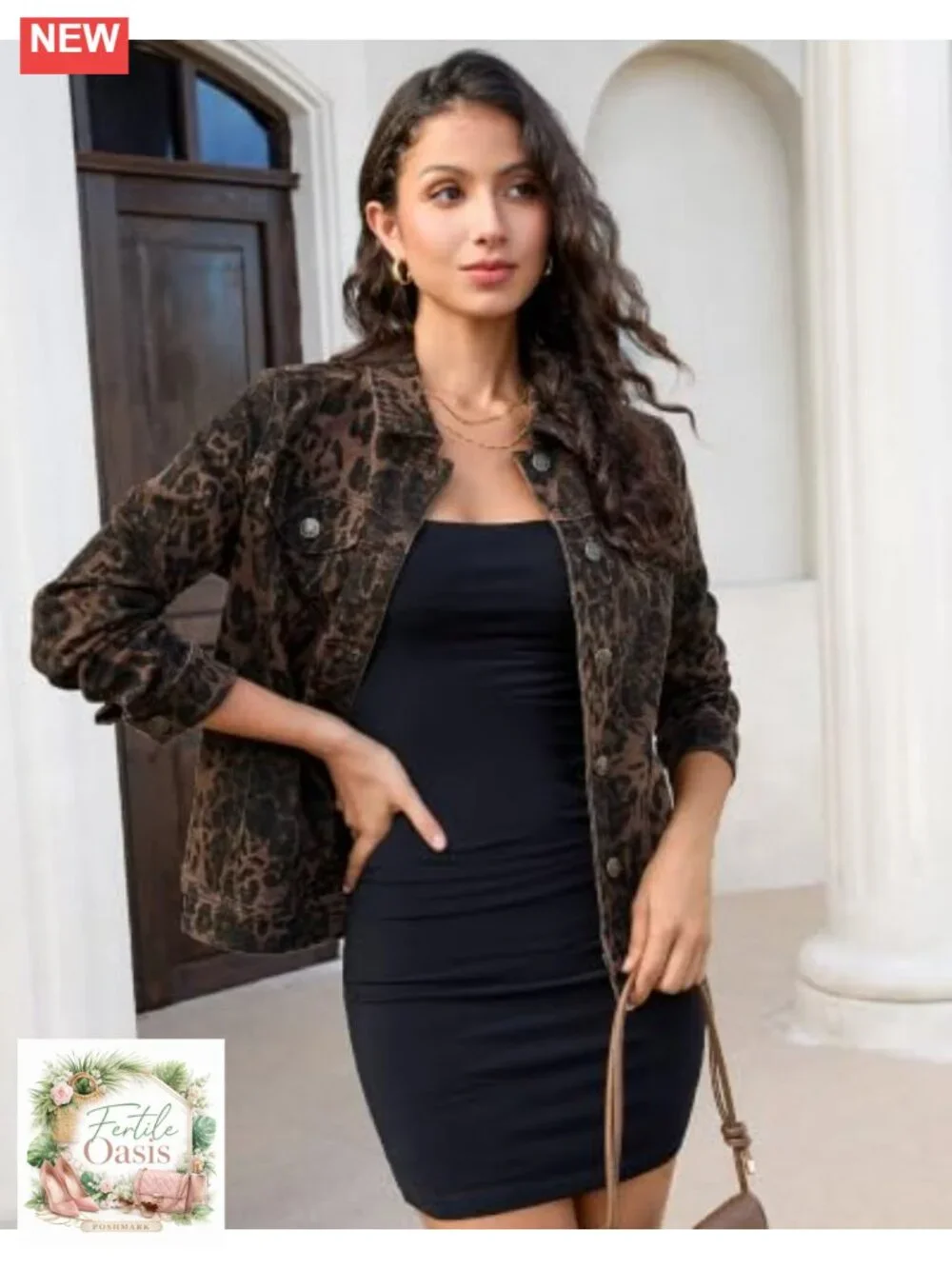 Women's Leopard Print Denim Jacket Stretch Casual Jean Jacket